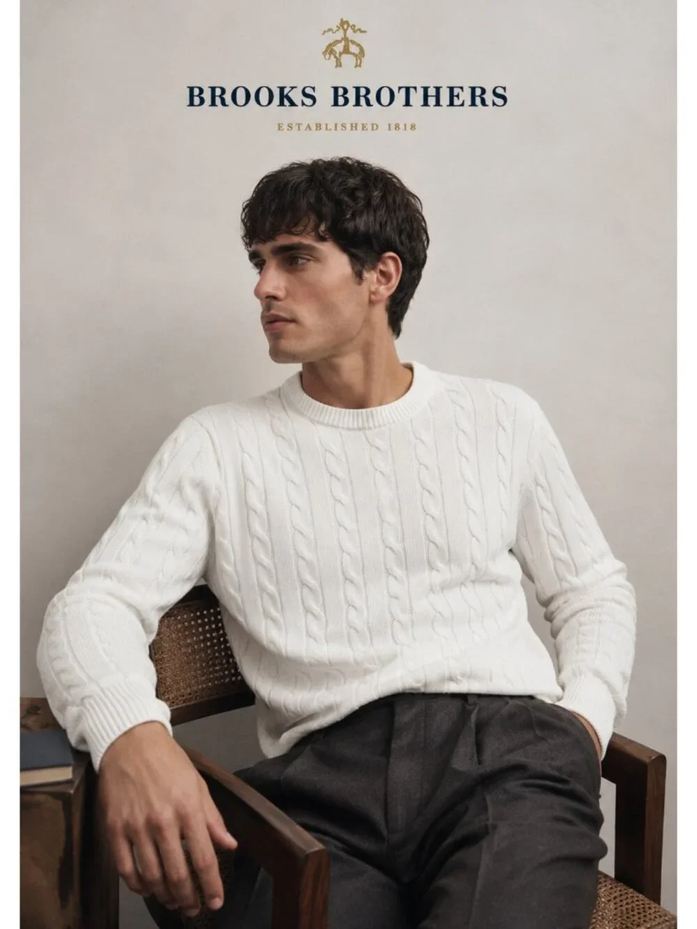 Brooks Brothers Men’s White 100% Cotton Cable Knit Crewneck Sweater Size L